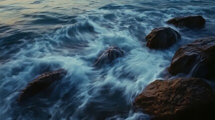 Serene ocean waves washing over dark rocks at sunset.