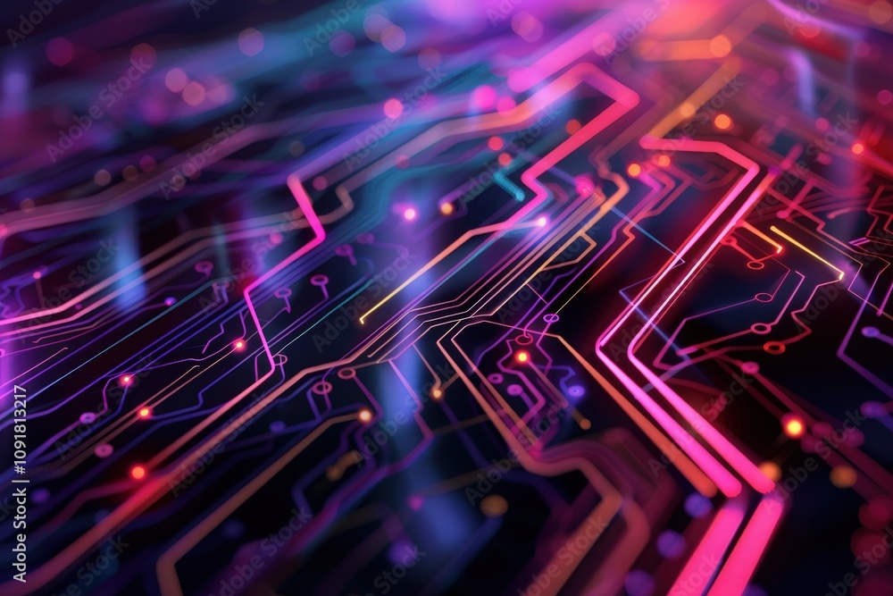 Leinwandbilder Vibrant circuit board design with colorful lights creating a dynamic visual effect in a modern digital environment
