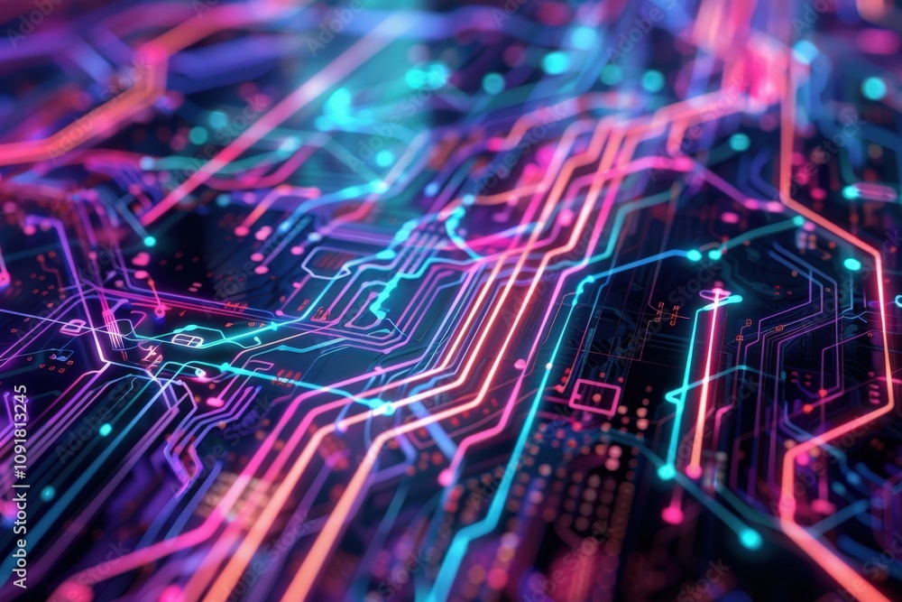 Poster vibrant circuit board design with colorful lights creating a dynamic visual effect in a modern digit