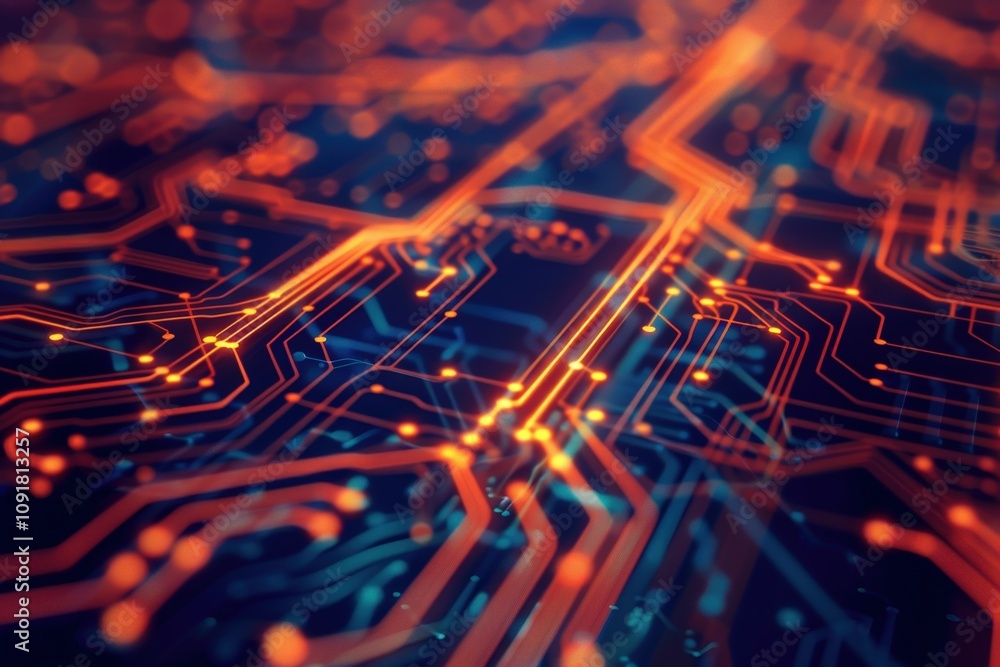 Leinwandbilder Vibrant circuit board design with colorful lights creating a dynamic visual effect in a modern digital environment