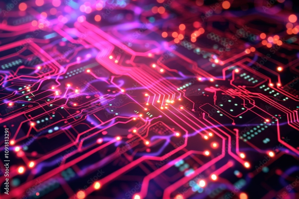 Leinwandbilder Vibrant circuit board design with colorful lights creating a dynamic visual effect in a modern digital environment