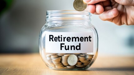 Hand placing a coin into a glass jar labeled 'Retirement Fund' symbolizing savings, investment, and financial planning for a secure future and comfortable retirement lifestyle