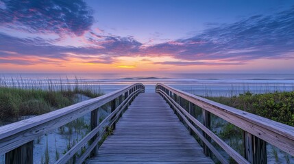Fototapeta premium Serene sunrise over ocean beach, wooden boardwalk leads to water.