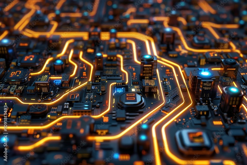 Poster abstract depiction of a futuristic circuit board with glowing pathways and complex structures showca