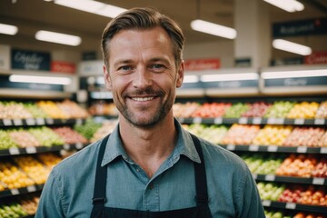 Fototapeta premium Close portrait of a smiling 40s Norwegian male grocer standing and looking at the camera, Norwegian grocery store blurred background