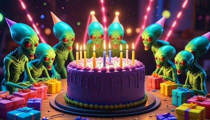 Aliens blowing out birthday candles on a glowing cake, surrounded by neon-colored gifts and party lights, Generative AI