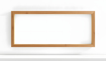 Obraz premium Horizontal picture frame mockup in white interior, blank wooden frame mock up with copy space for print or photo isolated with white highlights, png