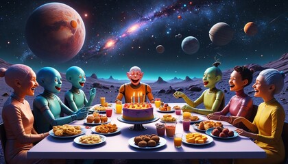 Space beings sitting at a birthday table on a distant planet, eating birthday snacks and laughing, surrounded by cosmic colors, Generative AI
