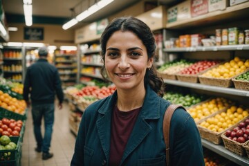 Close portrait of a smiling 40s Palestinian female grocer standing and looking at the camera, Palestinian grocery store blurred background