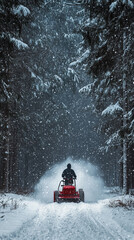 Snow Removal in Winter Forest Man Operating Red Snowblower