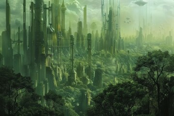 Obraz premium A sprawling green city stands amidst a lush forest, with tall structures reaching toward the sky under a dramatic, misty ambiance during early morning light.