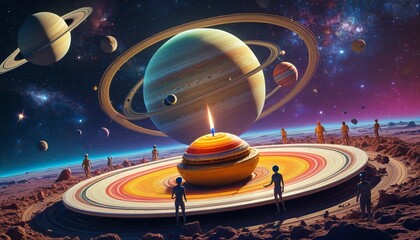 Aliens enjoying a birthday feast under the colorful rings of Saturn, with cosmic decorations floating around, Generative AI