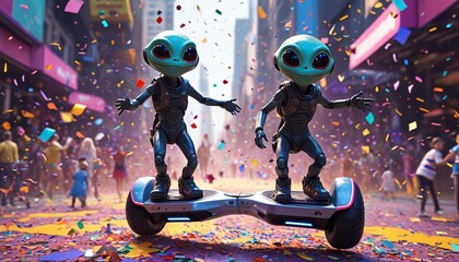 Aliens floating in a birthday parade on hoverboards, surrounded by colorful cosmic confetti, Generative AI