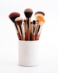 Set of professional makeup brushes in holder