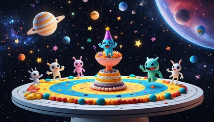 Space creatures playing birthday games on a floating platform in deep space, with colorful stars in the background, Generative AI