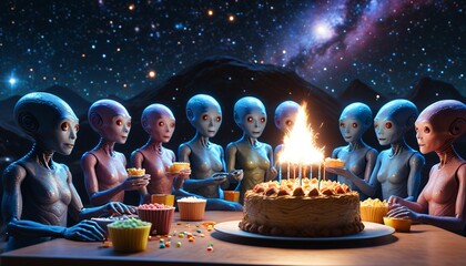 Extraterrestrial beings watching a holographic birthday movie on a distant star, celebrating with cosmic snacks, Generative AI