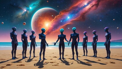 Extraterrestrial beings playing birthday charades on a cosmic beach under a vibrant nebula sky, Generative AI