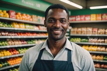 Naklejka premium Close portrait of a smiling 40s Saint Lucian male grocer standing and looking at the camera, Saint Lucian grocery store blurred background