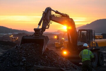 An excavator, silhouetted against a vibrant sunset, moves a pile of earth as its operator stands nearby on a vast construction site, creating a dramatic scene.