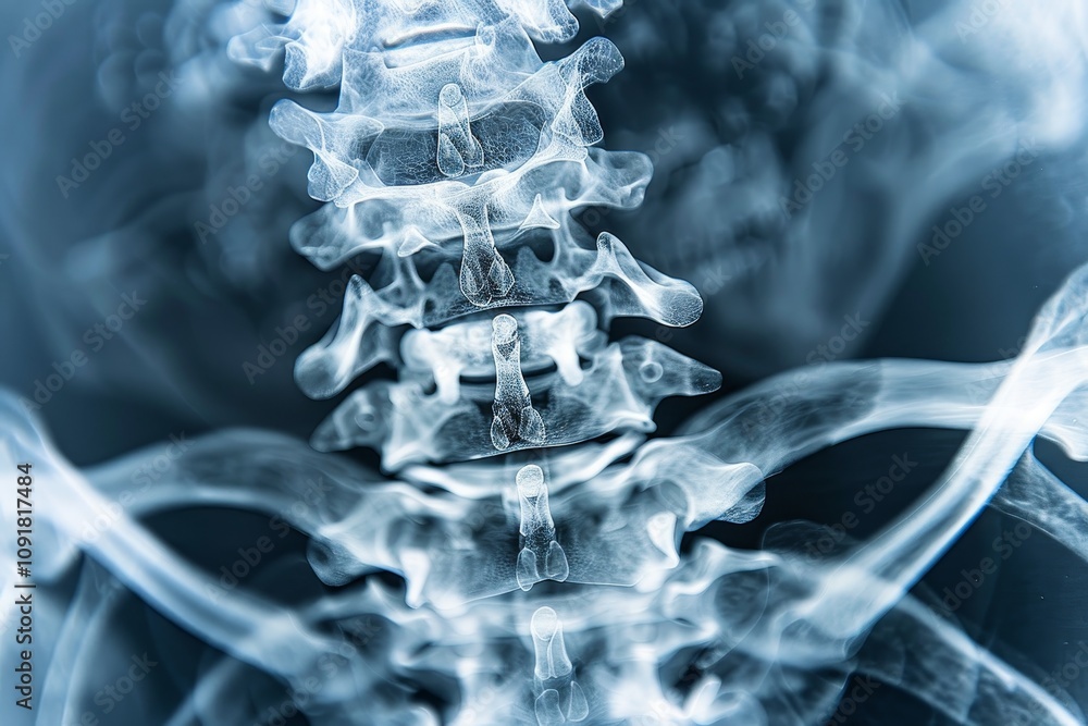Poster a close view of a human spine captured in an x-ray, illustrating the intricate structure and alignme