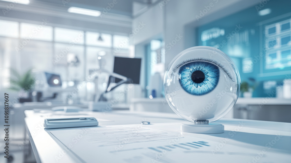 Poster myopia. a futuristic lab with a robotic eye on a table, showcasing advanced technology in a modern w