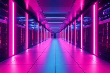 Data center server room with futuristic neon lights