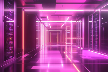 Data center server room with futuristic neon lights