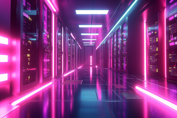 Data center server room with futuristic neon lights