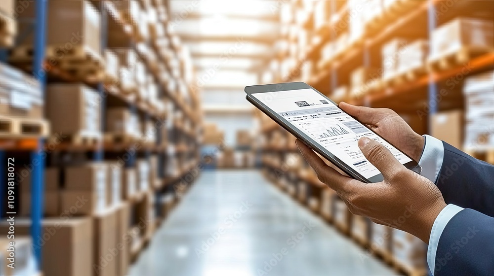 Poster close-up of hands using a tablet with warehouse management software in a high-tech storage facility 