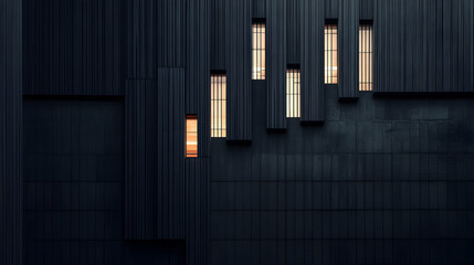 Fototapeta premium Dark, moody architectural photograph of a building exterior with illuminated windows. The image features a striking contrast of light and shadow, highlighting the building's unique design.