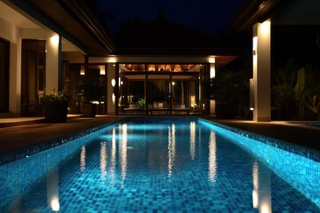 A swimming pool with blue tiles is illuminated at night. The pool is surrounded by a lush garden and a modern house with large windows.