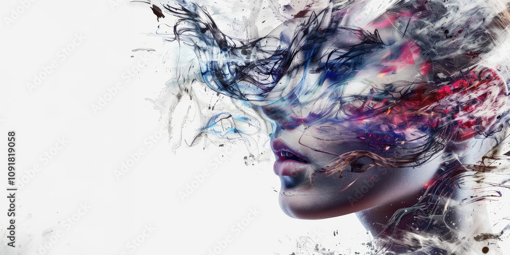 Poster Artistic representation of a human face merging with abstract colors and textures reflecting creativity and emotion