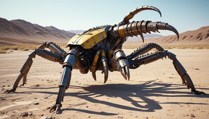 Fototapeta premium A giant mechanical scorpion, with metallic pincers and a tail capable of firing explosive projectiles, marching through a barren wasteland, Generative AI