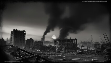 Obraz premium Post apocalyptic background image of desert city wasteland with abandoned and destroyed buildings, cracked road and sign