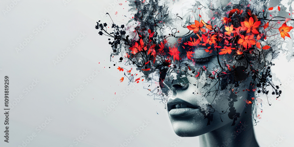 Poster artistic representation of a human face merging with abstract colors and textures reflecting creativ
