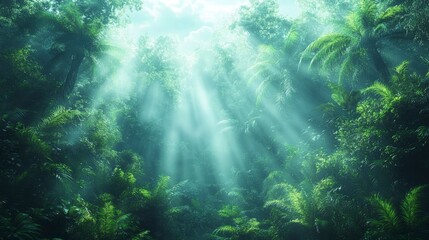 Obraz premium A stylized rainforest scene with mist filtering sunlight through trees, symbolizing untouched natural beauty. Soft, muted tones convey tranquility and reverence