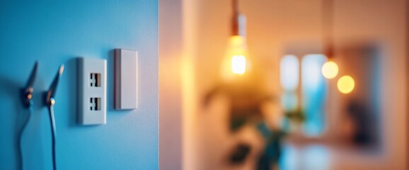 Close-up of electrical outlets and switch on a light blue wall, blurred background with warm lighting.