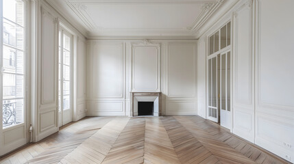 Obraz premium Une pièce spacieuse et vide d'un appartement haussmannien.