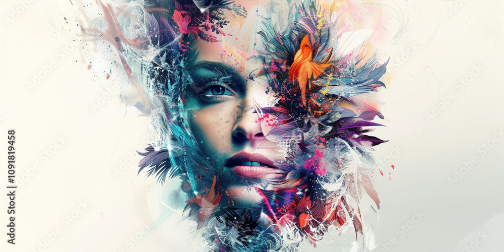 Poster artistic representation of a human face merging with abstract colors and textures reflecting creativ