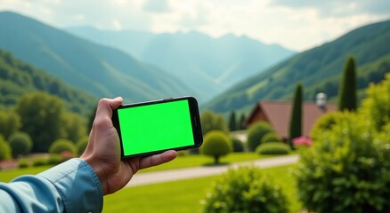 Hand holding smartphone with green screen in mountain valley, suitable for mockup and marketing presentation