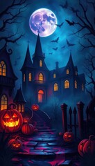a dark and spooky halloween scene with a castle and pumpkins