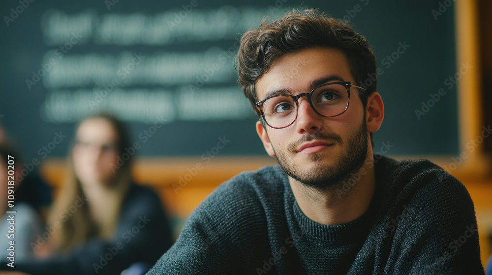 Poster myopia. a thoughtful young man with glasses sits in a classroom, engaging in learning while classmat