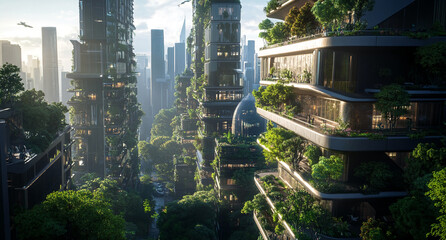 Obraz premium Sunrise illuminates futuristic, eco-friendly skyscrapers integrated with lush greenery in a modern city