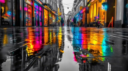 Obraz premium Colorful city street reflection in rain.