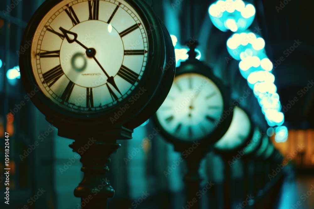 Poster vibrant dusk light and clocks trails on a suburban street with power lines and distant views of the 