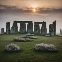 Stonehenge in England, bathed in a mystical fog during sunrise.