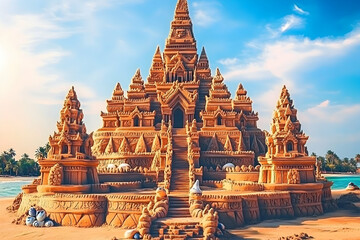 Intricate sandcastle resembling an Asian temple, crafted with meticulous detail on a beach under a vibrant sky.