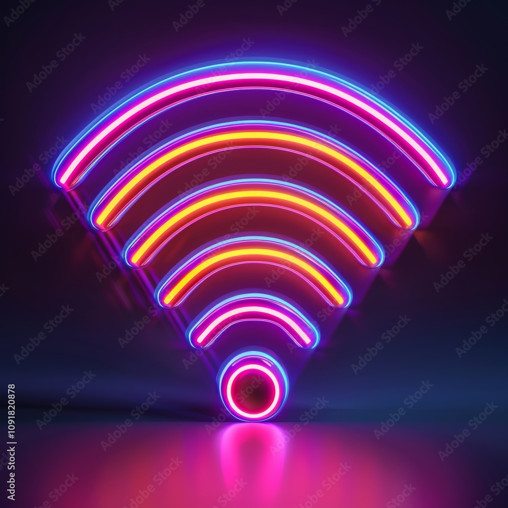 Poster bright neon colors form a wi-fi signal symbol, illuminated against a dark backdrop. the design featu