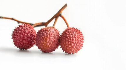 Trois fruits rouges &eacute;pineux sur une branche sur fond clair.