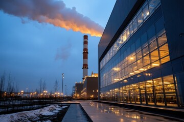 Fototapeta premium A large power plant with smoking chimneys looms over an adjacent modern glass building, together creating a dramatic and industrial landscape at dusk.